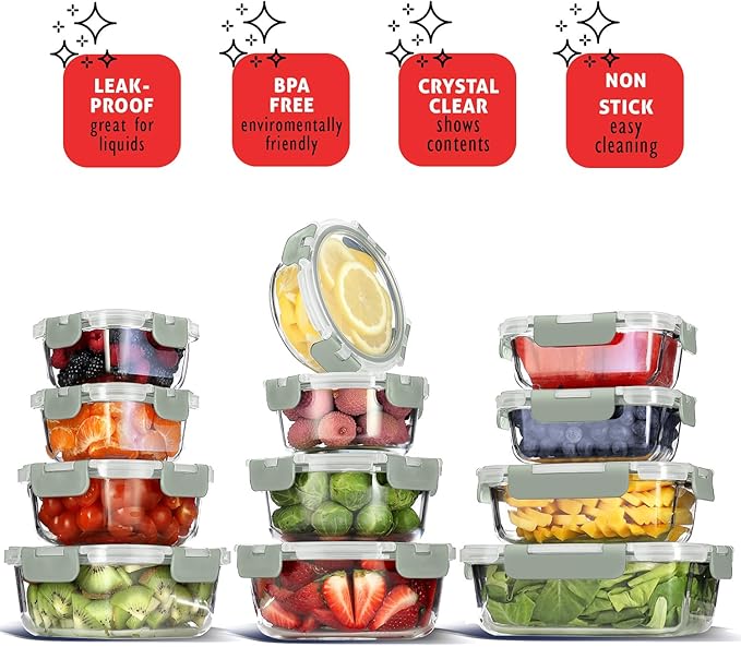 EATEX 24pc Glass Storage Containers with Lids, 12 Glass Food Storage Containers with 12 Airtight Lids for Pantry & Kitchen, Meal Prep Containers for Lunch, Oven Freezer Microwave & Dishwasher Safe