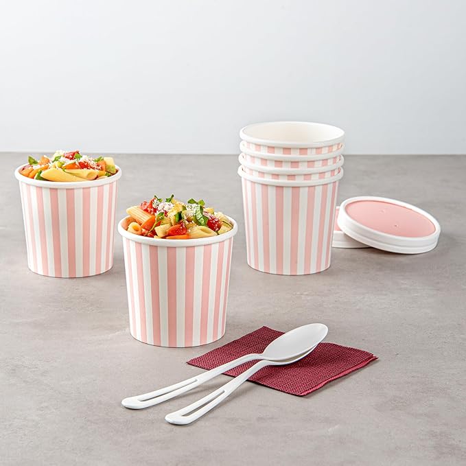 Restaurantware Bio Tek 12 Ounce Soup Containers 200 Durable Soup Bowls - Disposable Sustainable Pink And White Paper Soup Cups Striped Round For Hot Or Cold Foods