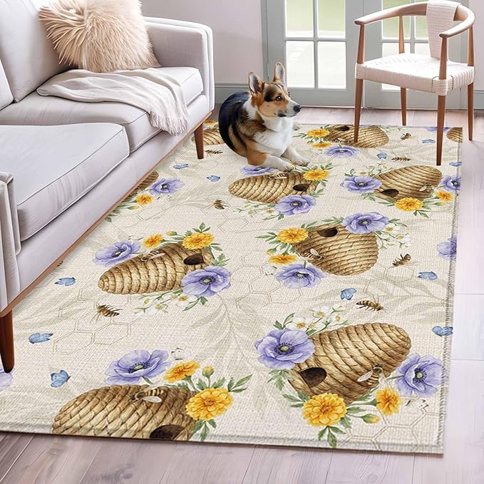 Area Rug 4x6ft, Garden Beehives Honeybees Washable Rugs for Living Room Bedroom, Country Purple Floral Soft Non-Slip Area Rugs Rectangle Floor Carpet for Dining Room