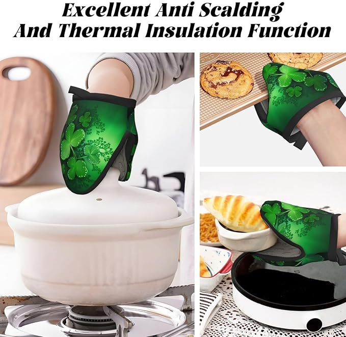 1 Pcs Mini Silicone Oven Mitts Saint Patricks Day Heat Resistant Grill Gloves with Hanging Loop, Green Clover Leaf Little Kitchen Mittens for Cooking Baking BBQ