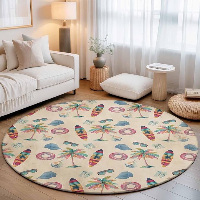 Washable Round Area Rug Summer Surfboard Coconut Tree Circle Rugs Floor Carpet for Living Room Bedroom, Coastal Vintage Plants Soft Non Slip Round Rug 3ft