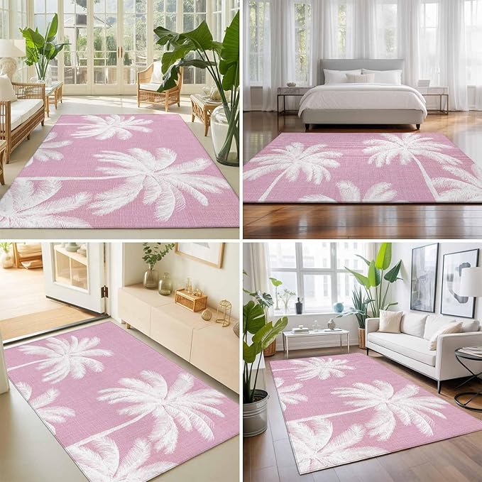 Area Rug 9x12ft, Boho Pink Palm Trees Vintage Washable Rugs for Living Room Bedroom Rectangle Floor Carpet, Summer Tropical Leaves Soft Non-Slip Area Rugs for Dining Room
