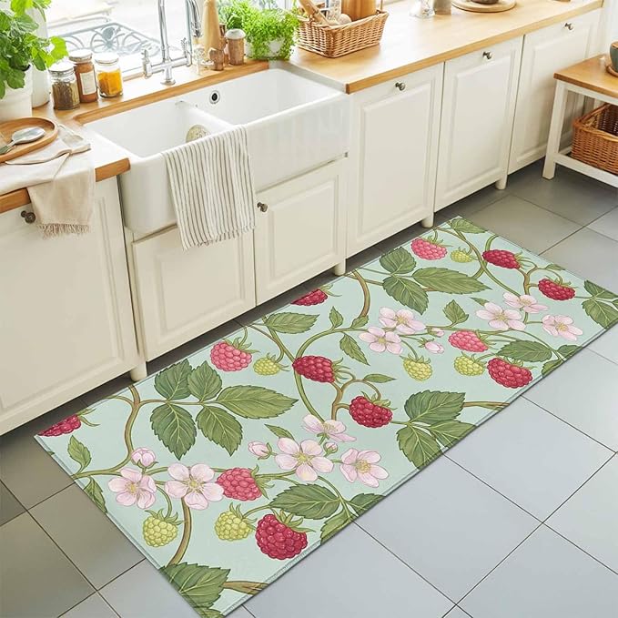 Runner Rug for Bedroom Hallway, Farmhouse Berry Red Pink Blossoms Flower Kitchen Runner Rugs Area Rug 2x6ft, Green Leaves Washable Soft Floor Carpet for Entryway Stair