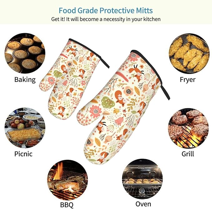 Cute Fox Pattern Oven Mitts of 2-Pack Set, Funny Kitchen Gloves Heat Resistant Non-Slip Kitchen Mitts Safe Cooking Baking Grilling