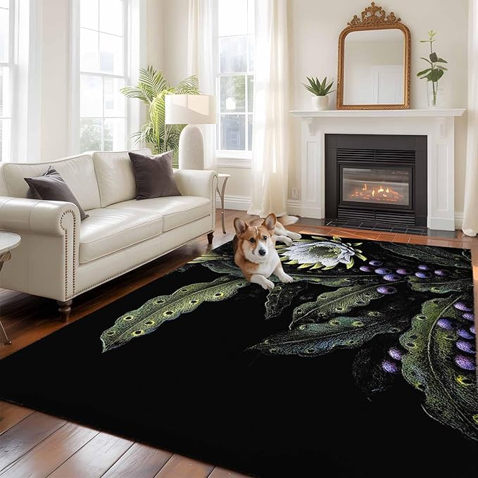 Area Rug 6x9ft, Watercolor Flower Berry Leaves Washable Rugs for Living Room Bedroom, Botanical Plant Dark Style Soft Non-Slip Area Rugs Rectangle Floor Carpet for Dining Room