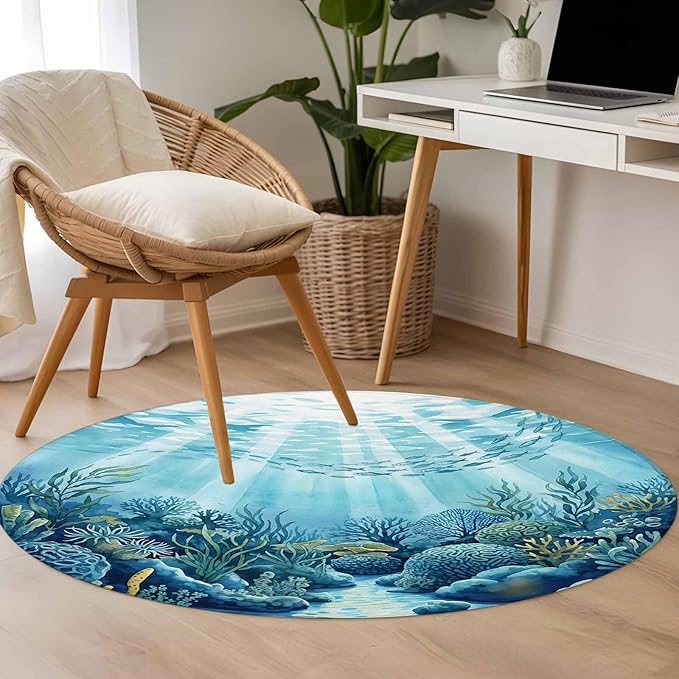 Washable Round Area Rug Underwater World Coral Seaweed Circle Rugs Floor Carpet for Living Room Bedroom, Seafloor Ocean Life Fish Soft Non Slip Round Rug 3ft