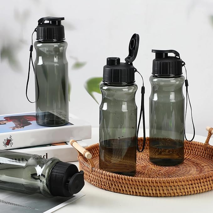 Tioncy 20 Pieces Plastic Water Bottles for Adults Bulk 17 oz Sport Drink Bottles with Handle Strap Lightweight Leakproof Drink Flip Top cups for Party Outdoor(Black,fresh style)