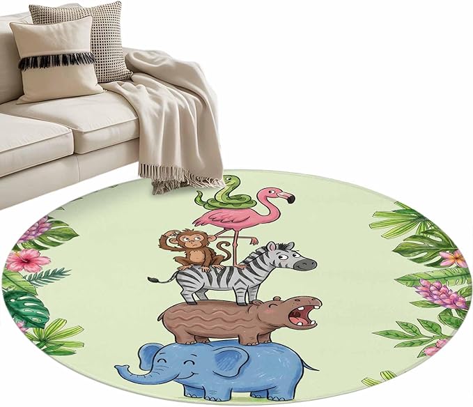 Washable Round Area Rug Funny Elephant Zebra Flamingo Circle Rugs Floor Carpet for Living Room Bedroom, Tropical Leaves Floral Soft Non Slip Round Rug 3ft