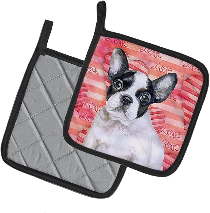 Caroline's Treasures BB9797PTHD French Bulldog Black White Love Pair of Pot Holders, Red Kitchen Heat Resistant Pot Holders Sets Oven Hot Pads for Cooking Baking BBQ, 7 1/2 x 7 1/2