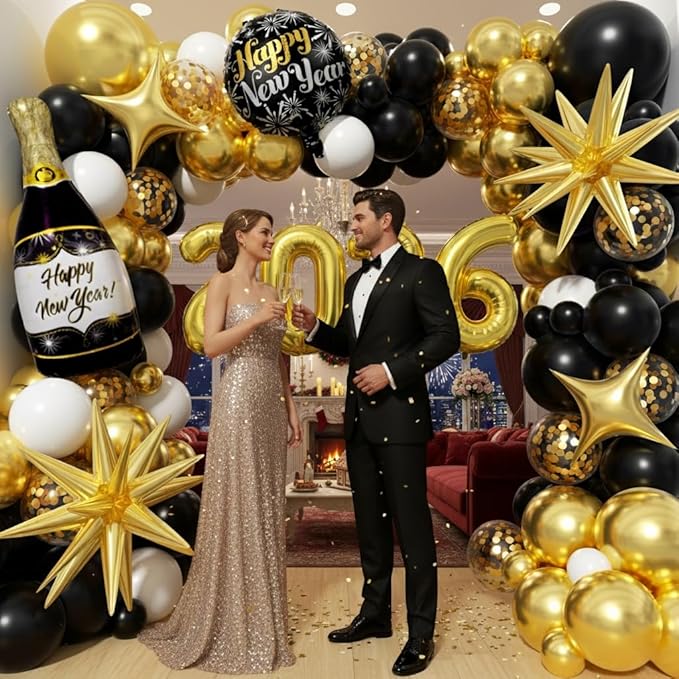 Black and Gold White Balloons Garland Arch Kit - Different Size Balloons Gold Fringe Curtain Backdrop for Graduation Birthday Anniversary New Years Theme Party Decorations