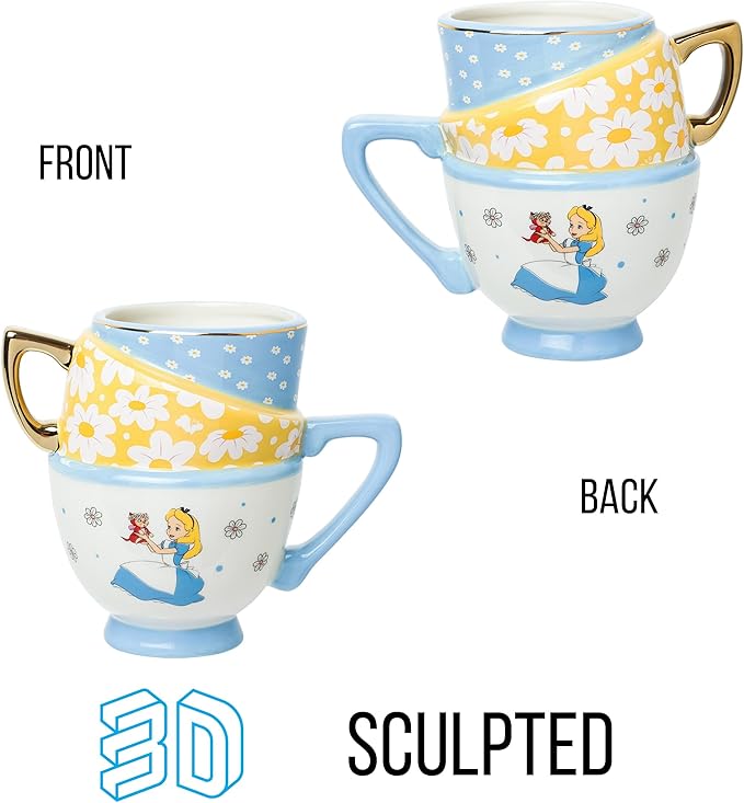 Silver Buffalo Disney Alice in Wonderland and Dinah Stacked Teacup 3D Sculpted Ceramic Coffee Mug, 20 Ounces