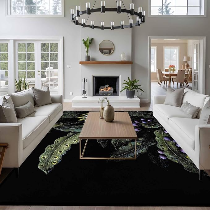 Area Rug 6x9ft, Watercolor Flower Berry Leaves Washable Rugs for Living Room Bedroom, Botanical Plant Dark Style Soft Non-Slip Area Rugs Rectangle Floor Carpet for Dining Room