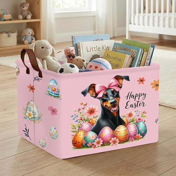 Kid Large Empty Easter Basket Gift Personalized Fabric Bunny Easter Basket for Boy and Girl Room Decor Storage Bin (Dog Easter Egg Pink)