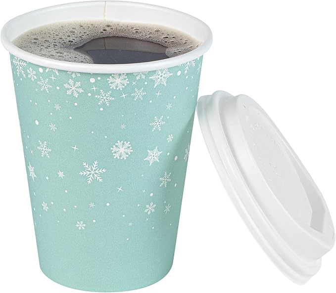 Restaurantware-Restpresso 12 Ounce Drinking Cups, 20 Hot Cups With Plastic Lids - Snowflake Design, Disposable, Light Blue Paper Coffee Cups, For Christmas Parties, Serve Hot And Cold Drinks