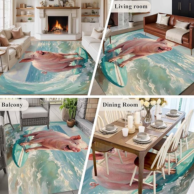 Area Rug 6x9ft, Surfing Farm Pink Pig Washable Rugs for Living Room Bedroom, Summer Blue Sea Wave Beach Soft Non-Slip Area Rugs Rectangle Floor Carpet for Dining Room