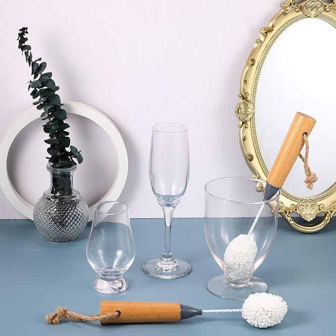 2 Pcs Wine Glass Cleaning Brush Flute and Stemware Brush Non Scratch Foam Bristle Scrubber with Wooden Handles Glass Scrubber for Champagne Flutes Glassware Drinking Cleaner Tool