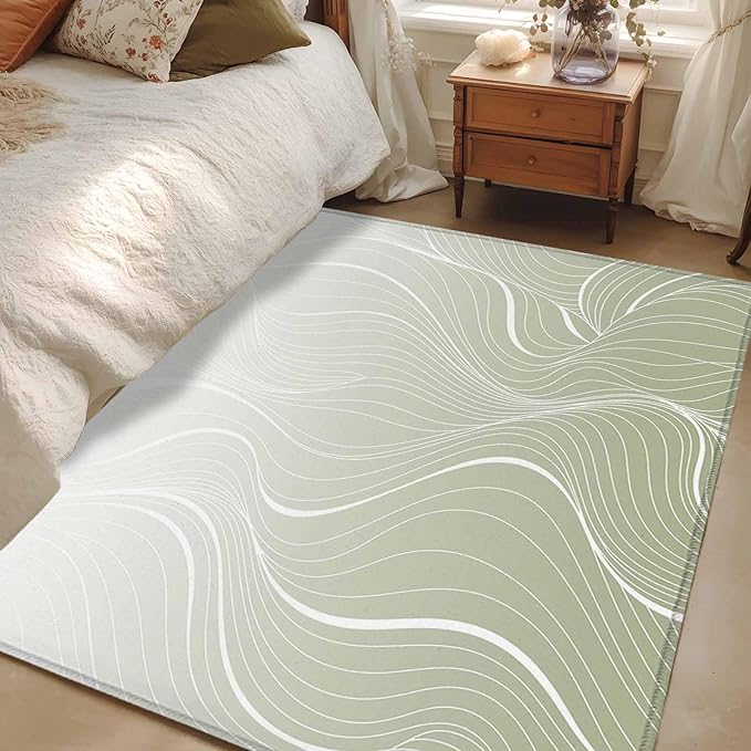 Area Rug 4x6ft, Sage Green Wavy Gradient Stripes Washable Rugs for Living Room Bedroom, Geometric Abstract Art Soft Non-Slip Area Rugs Rectangle Floor Carpet for Dining Room