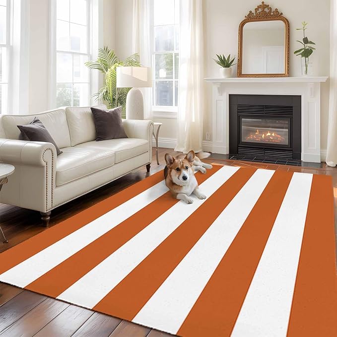 Area Rug 6x9ft, Farmhouse Classic Stripes Washable Rugs for Living Room Bedroom, Orange White Soft Non-Slip Area Rugs Rectangle Floor Carpet for Dining Room