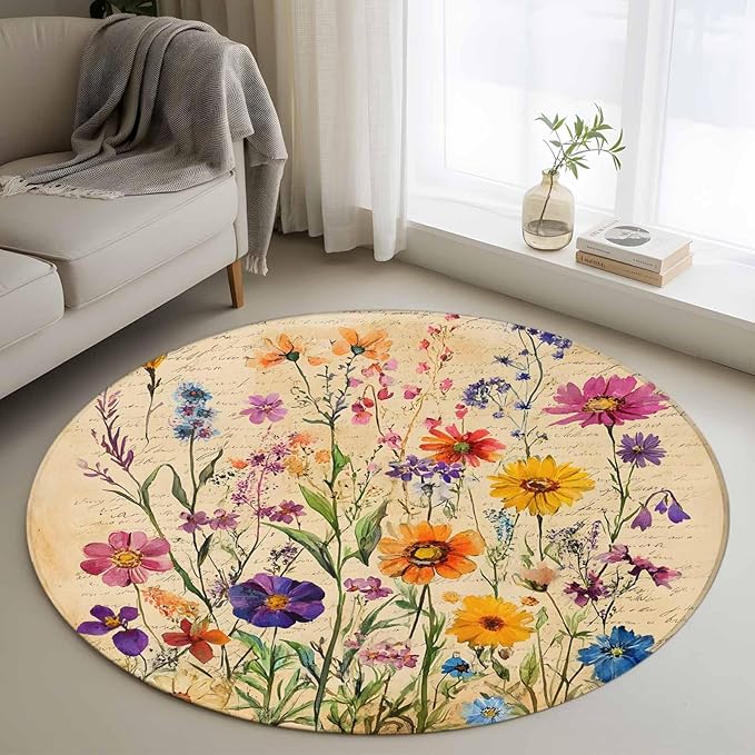 Washable Round Area Rug Farmhouse Colorful Small Flower Circle Rugs Floor Carpet for Living Room Bedroom, Retro Backdrop Seamless Soft Non Slip Round Rug 4ft