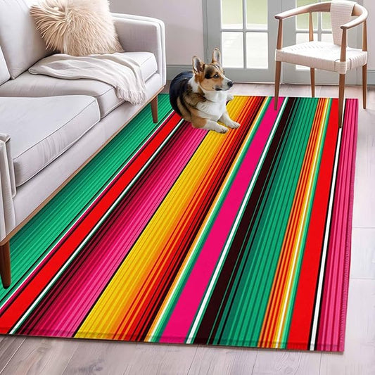Area Rug 4x6ft, Vintage Mexican Stripes Abstract Washable Rugs for Living Room Bedroom, Native American Stripe Soft Non-Slip Area Rugs Rectangle Floor Carpet for Dining Room