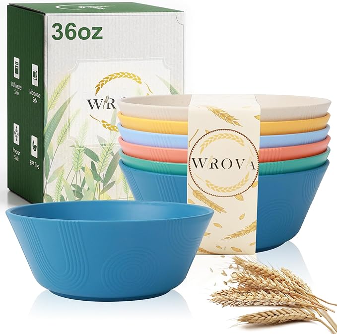 Wrova Wheat Straw Bowls Set 36oz,Cereal Bowls Soup Bowls Set of 6, Unbreakable Salad Bowl Alternative Plastic Bowls Microwave Safe, Soup Serving Bowls for Kitchen, Camping, Outdoor- Vibrant