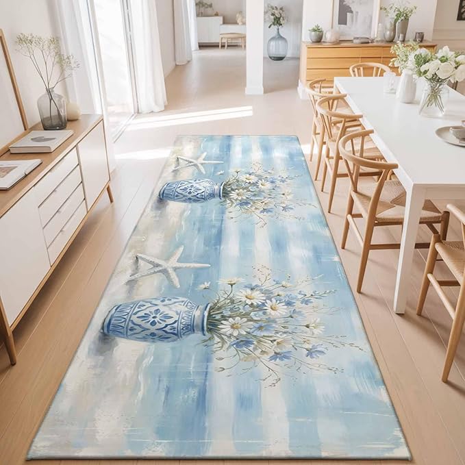 Runner Rug for Bedroom Hallway, Summer Beach Starfish Flower Kitchen Runner Rugs Area Rug 2x6ft, Marine Theme Daisy Vase Washable Soft Floor Carpet for Entryway Stair