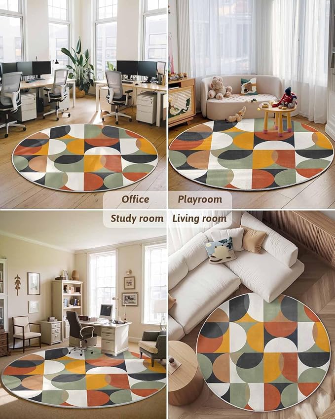 Round Area Rug,Mid Century Color Block Abstract Geometric Circle Living Room Rug Non-Slip Rugs Indoor Carpet,Colorful Nordic Style Soft Comfort Rugs for Bedroom KidsRoom Nursery