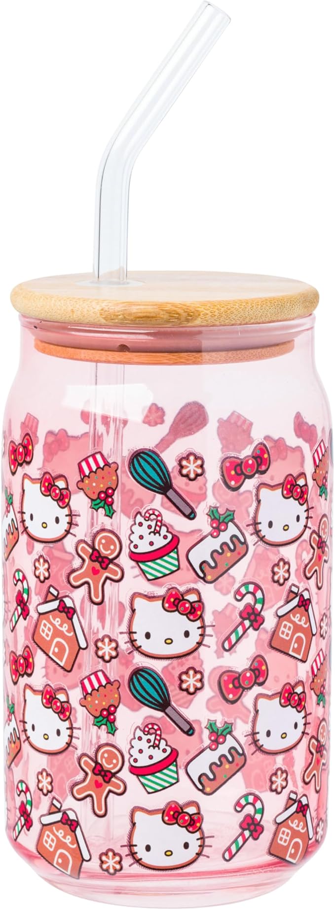 Silver Buffalo Sanrio Hello Kitty Gingerbread Cookies Christmas Holiday Pink Glass Jar Tumbler with Bamboo Lid and Glass Straw, 16 Ounces