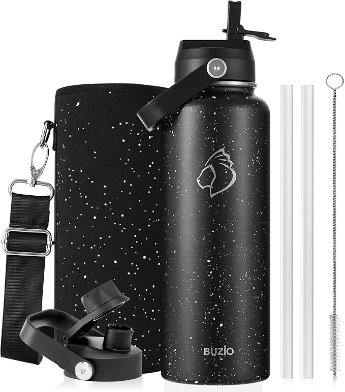 BUZIO 40 oz Insulated Water Bottle, Triple Wall Vacuum Stainless Steel Water Flask with 2 lids, Lead-Free BPA-Free Straw Lid Sports Canteen Jug, Cold 48H & Hot 24H, Starry Day & Night