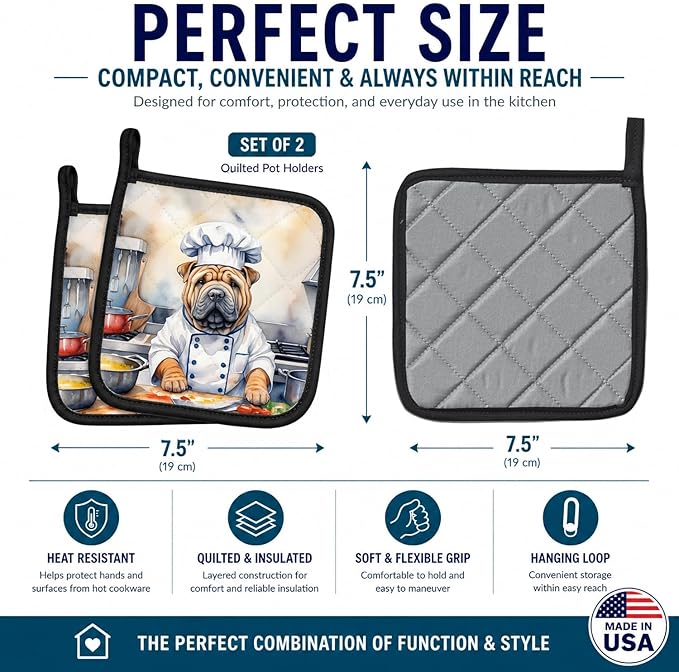 Caroline's Treasures Shar Pei The Chef Pair of Pot Holders Kitchen Heat Resistant Pot Holders Sets Oven Hot Pads for Cooking Baking BBQ, 7 1/2 x 7 1/2