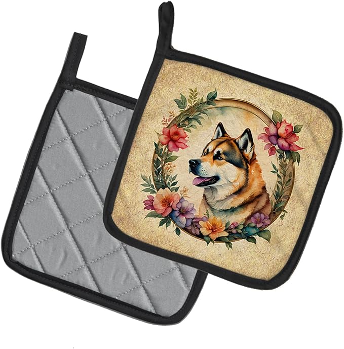 Caroline's Treasures Akita and Flowers Pair of Pot Holders Kitchen Heat Resistant Pot Holders Sets Oven Hot Pads for Cooking Baking BBQ, 7 1/2 x 7 1/2