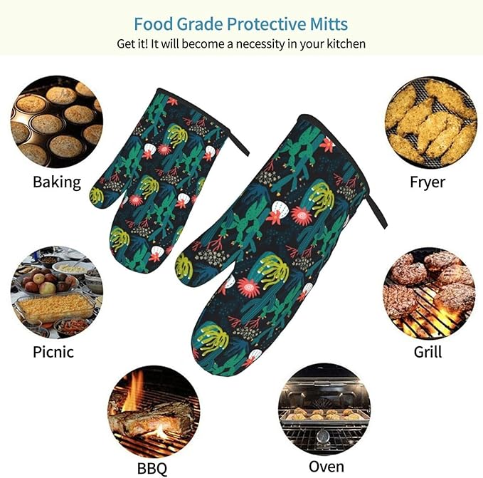 Green Cactus Oven Mitts of 2-Pack Set, Funny Kitchen Gloves Heat Resistant Non-Slip Kitchen Mitts for Cooking Baking Grilling