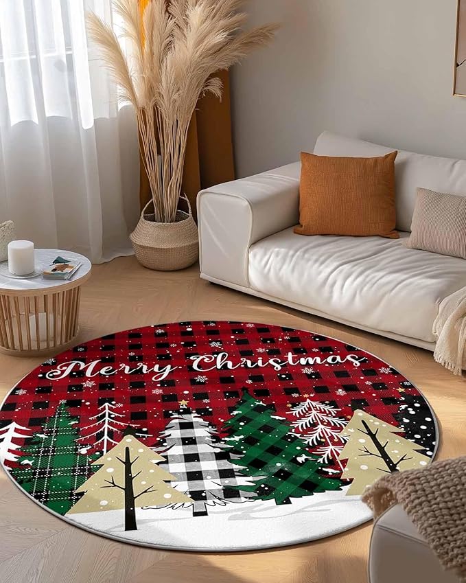 Round Area Rug,Christmas Tree Red Black Buffalo Plaid Circle Living Room Rug Non-Slip Rugs Indoor Carpet,Winter Snowflake Seamless Soft Comfort Rugs for Bedroom KidsRoom Nursery