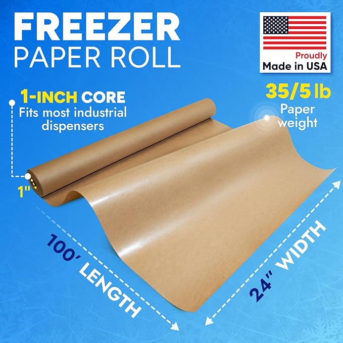 24" x 1200" (100') Made in USA Brown Freezer Paper Roll – Moisture-Resistant Wrap, Prevents Freezer Burn, Keeps Meat Fresh for up to 1 year – Plastic Coated Paper for Meat, Fish, and Poultry