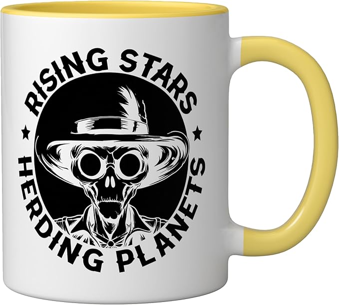 Alien Lover Flying Saucer UFO Extraterrestrial Cowboy Ceramic Mug, Yellow/White