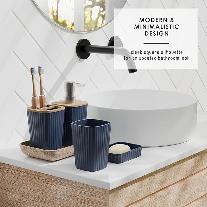 Clara Clark Bathroom Accessories Set - Bathroom Set, Bathroom Sets with Shower Curtain and Rugs, Shower Curtain Set with Bathroom Trash Can - Ombre Navy - 22PC