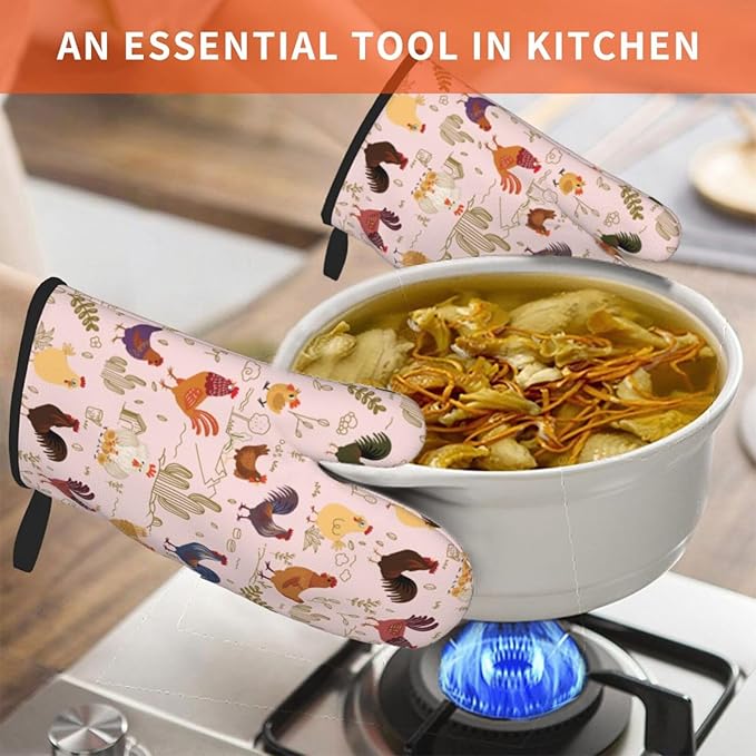 Chicken Pattern Oven Mitts of 2-Pack Set, Funny Kitchen Gloves Heat Resistant Non-Slip Kitchen Mitts Safe Cooking Baking Grilling