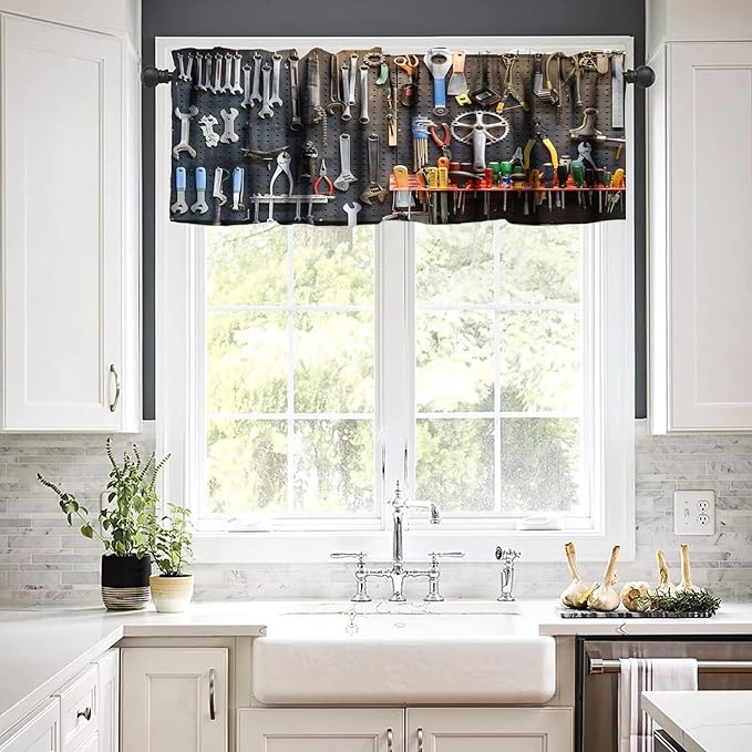 Man Cave Valance Curtain Vintage Style Tools Wall Tool Shed Workshop Fixing Equipment Rod Pocket Valance Window Treatments 1 Panel Short Curtains for Kitchen Living Room 54 x 18 in