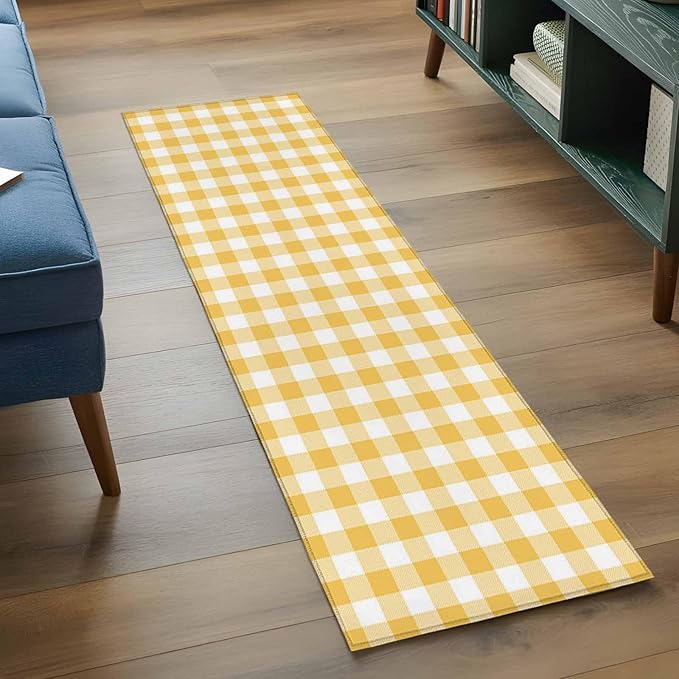 Runner Rug for Bedroom Hallway, Rustic Country Yellow and White Buffalo Lattice Checked Kitchen Runner Rugs Area Rug 2x6ft, Farm Style Washable Soft Floor Carpet for Entryway Stair