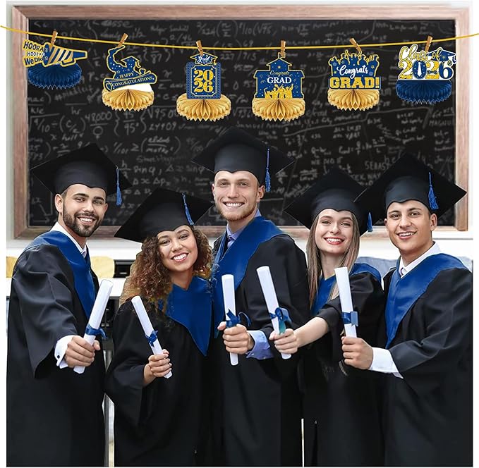 2026 Graduation Party Decorations - 8 Pcs Blue Gold Class of 2026 Graduation Party Table Decor Honeycomb Centerpieces for Tables Congratulate for 2026 Congrats Grad Party Supplies