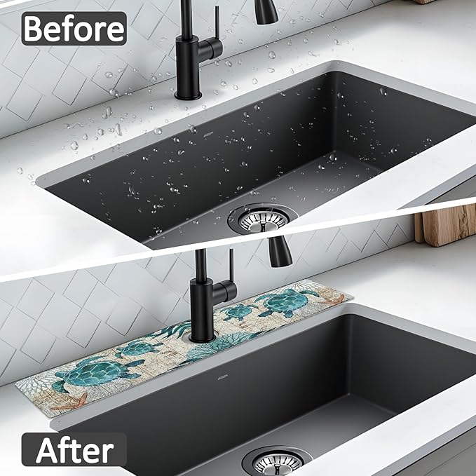 24" X 5.5" Kitchen Sink Splash Guard Faucet Mat Sea Turtles Super Absorbent Fast Drying Faucet Guard & Draining Mat Sink Splash Guard Behind Faucet for Kitchen, Bathroom