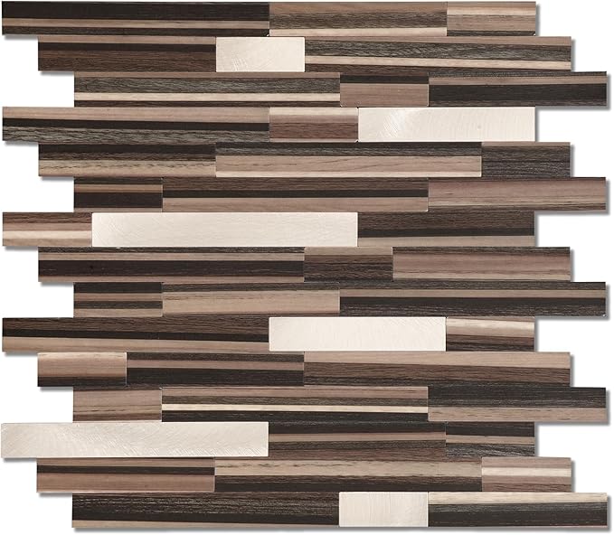 Yipscazo 10 Sheets Peel and Stick Stone Metal Tile Backsplash, Stick on Tiles for Backsplash Kitchen, Bathroom, Laundry Room, Camper, Fireplace (12'' X 12'', Brown Wood)