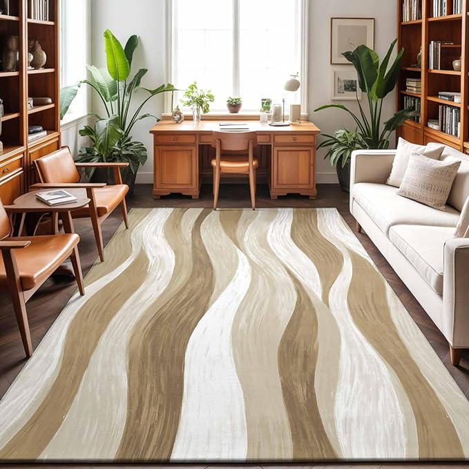 Area Rug 4x6ft, Modern Brown Ombre Ocean Wave Washable Rugs for Living Room Bedroom, Abstract Gradient Stripe Soft Non-Slip Area Rugs Rectangle Floor Carpet for Dining Room