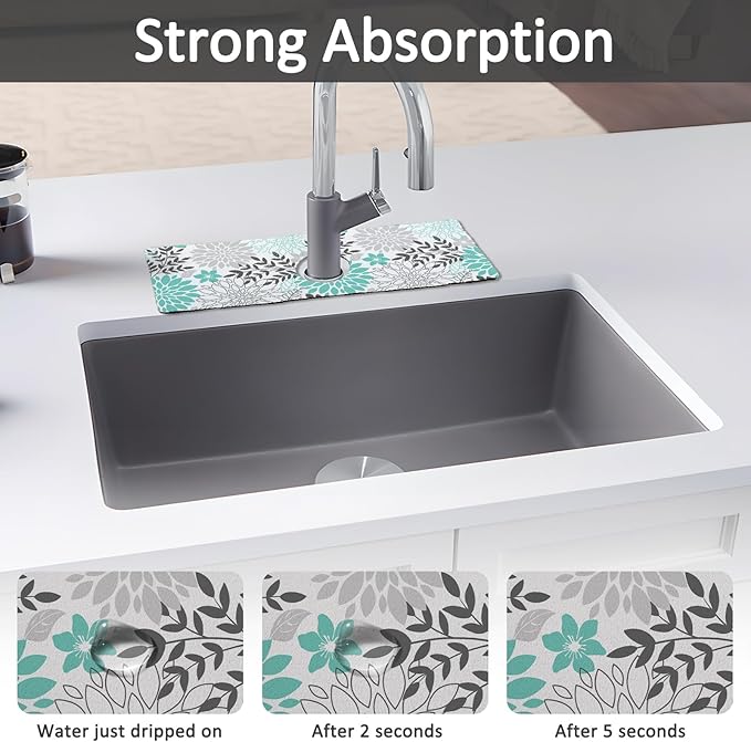 15" X 5.5" Kitchen Sink Splash Guard Faucet Mat Floral Super Absorbent Fast Drying Faucet Guard & Draining Mat Sink Splash Guard Behind Faucet for Kitchen, Bathroom