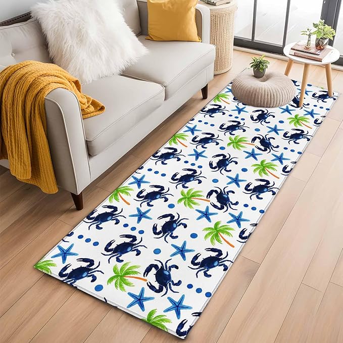 Runner Rug for Bedroom Hallway, Abstract Blue Crab Starfish Kitchen Runner Rugs Area Rug 2x6ft, Watercolor Palm Tree Washable Soft Floor Carpet for Entryway Stair
