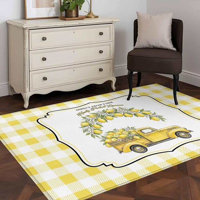 Area Rug 3x5ft, Farm Yellow Truck Lemon Fruit Washable Rugs for Living Room Bedroom, Flower Leaves Buffalo Plaid Soft Non-Slip Area Rugs Rectangle Floor Carpet for Dining Room