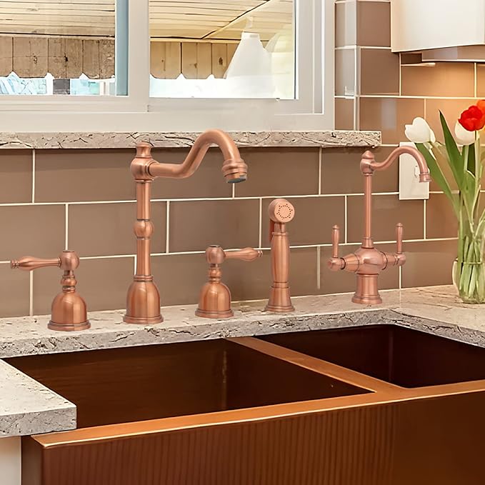 Akicon Two-Handles Copper Drinking Water Filter Faucet, Dual Lever Hot and Cold Water Faucet for Instant Hot Water Tank Dispenser & Filtration System (Classical Style)