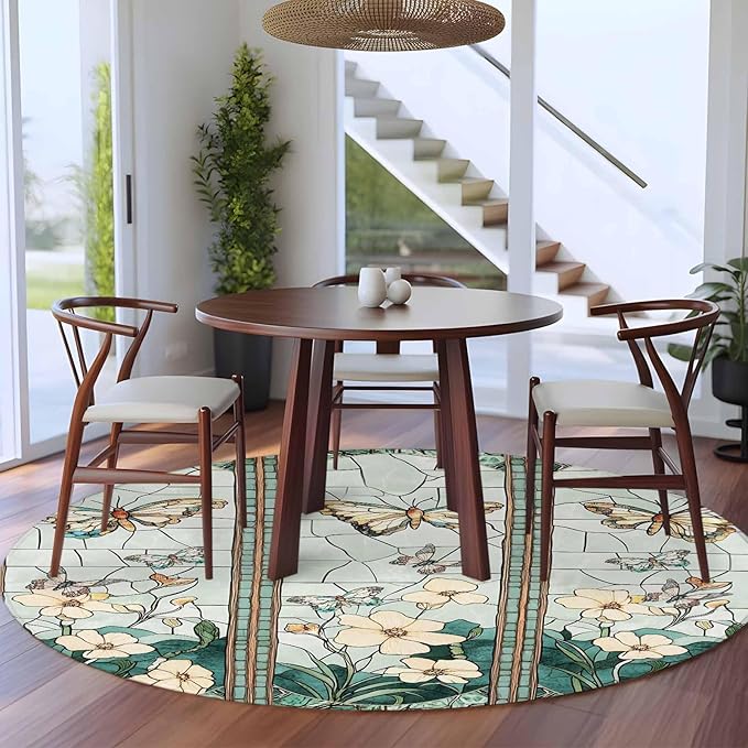 Washable Round Area Rug Spring Flower Colorful Butterfly Circle Rugs Floor Carpet for Living Room Bedroom, Vintage Green Plant Soft Non Slip Round Rug 5ft