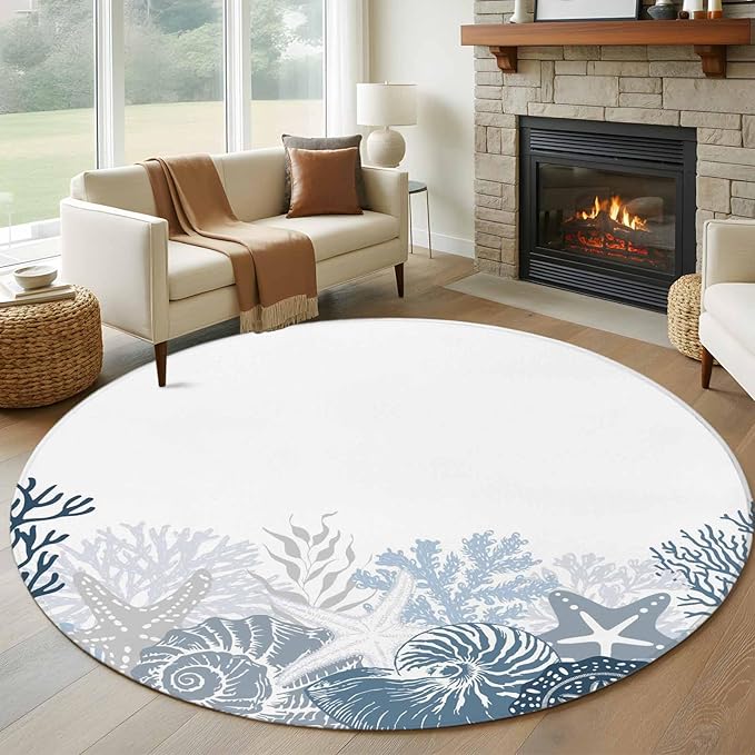 Washable Round Area Rug Underwater Blue Shells Starfish Coral Circle Rugs Floor Carpet for Living Room Bedroom, Summer Botantical Soft Non Slip Round Rug 5ft