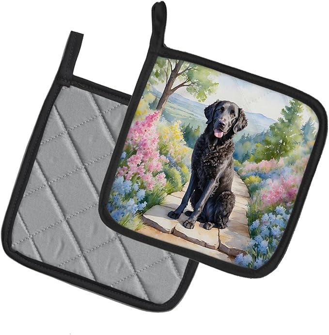 Caroline's Treasures Curly-Coated Retriever Spring Path Pair of Pot Holders Kitchen Heat Resistant Pot Holders Sets Oven Hot Pads for Cooking Baking BBQ, 7 1/2 x 7 1/2
